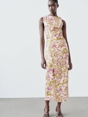 Zara Printed Midi Dress Sleeveless, Metallic Thread & Cutout